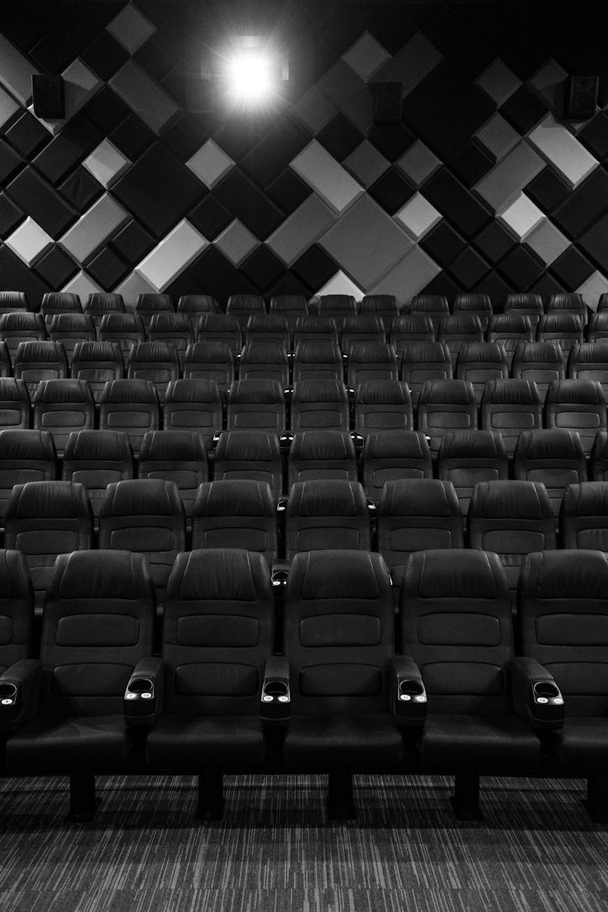 Rows of empty cinema seats in a darkened screening room